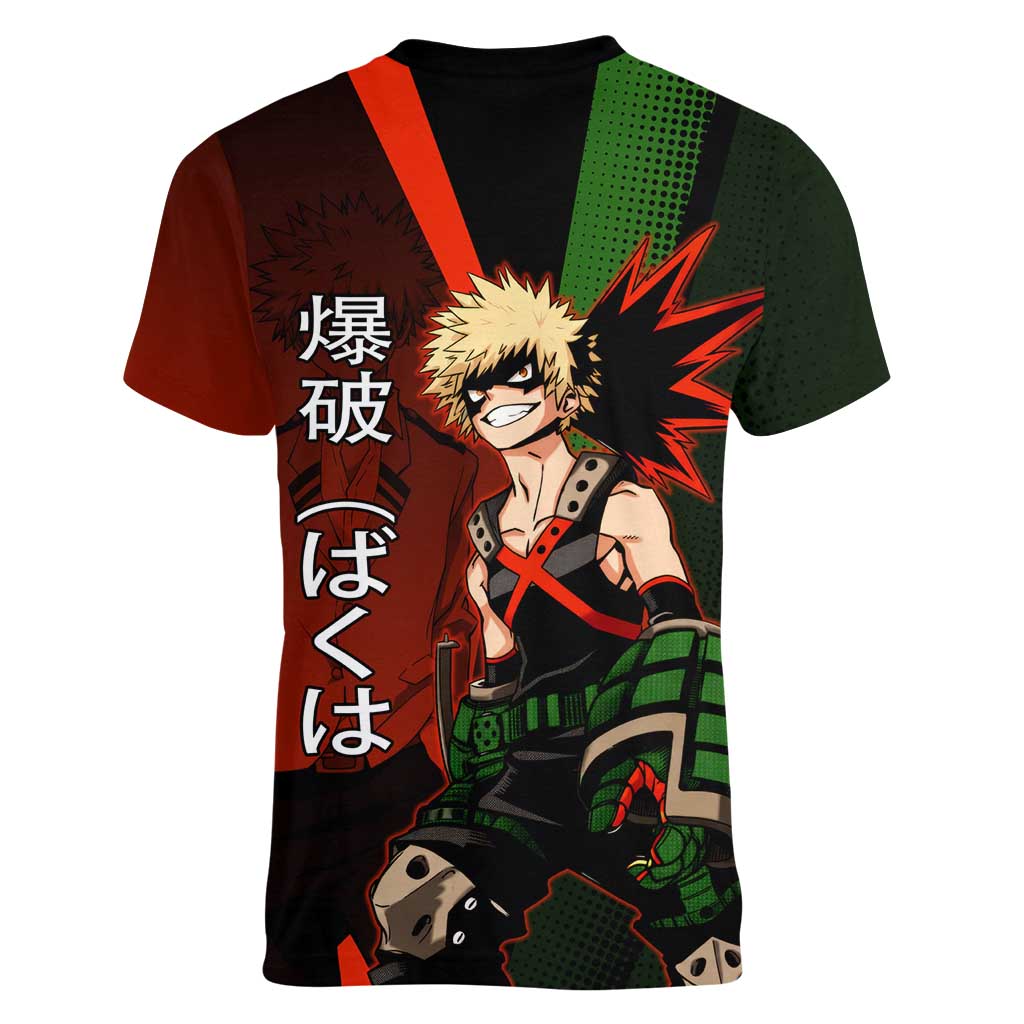 Katsuki Bakugo Dynamight Women V-Neck T-Shirt Japanese Comic Book Style