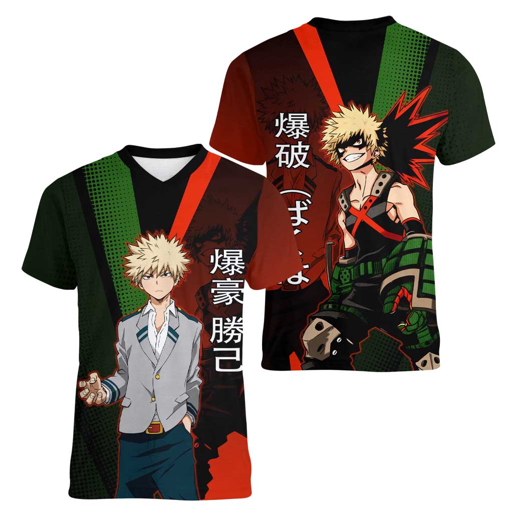 Katsuki Bakugo Dynamight Women V-Neck T-Shirt Japanese Comic Book Style