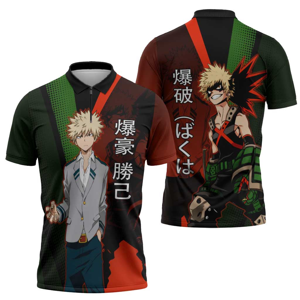 Katsuki Bakugo Dynamight Zipper Polo Shirt Japanese Comic Book Style