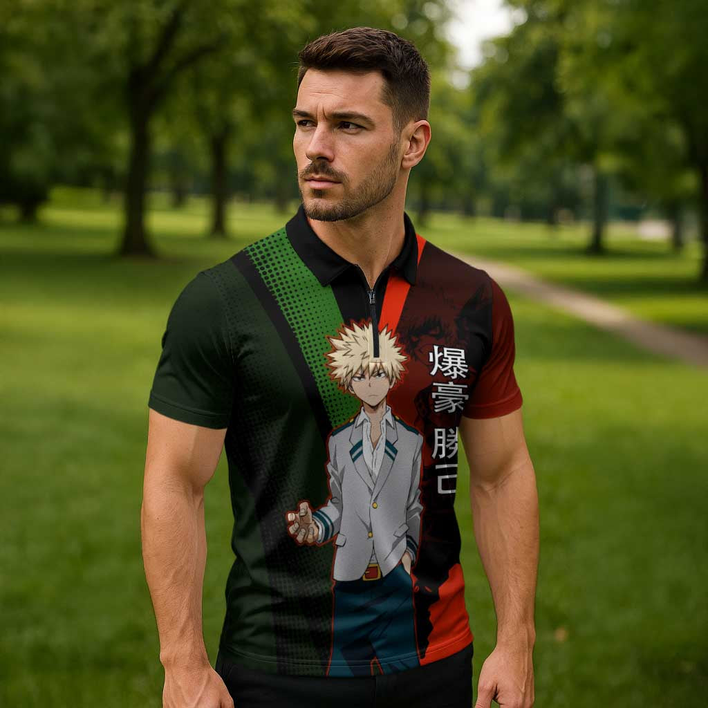 Katsuki Bakugo Dynamight Zipper Polo Shirt Japanese Comic Book Style