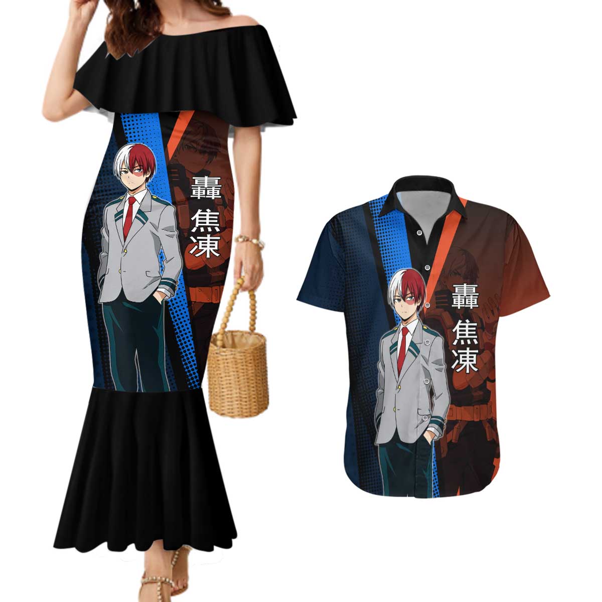 Shoto Todoroki Half-Cold Half-Hot Couples Matching Mermaid Dress and Hawaiian Shirt Japanese Comic Book Style