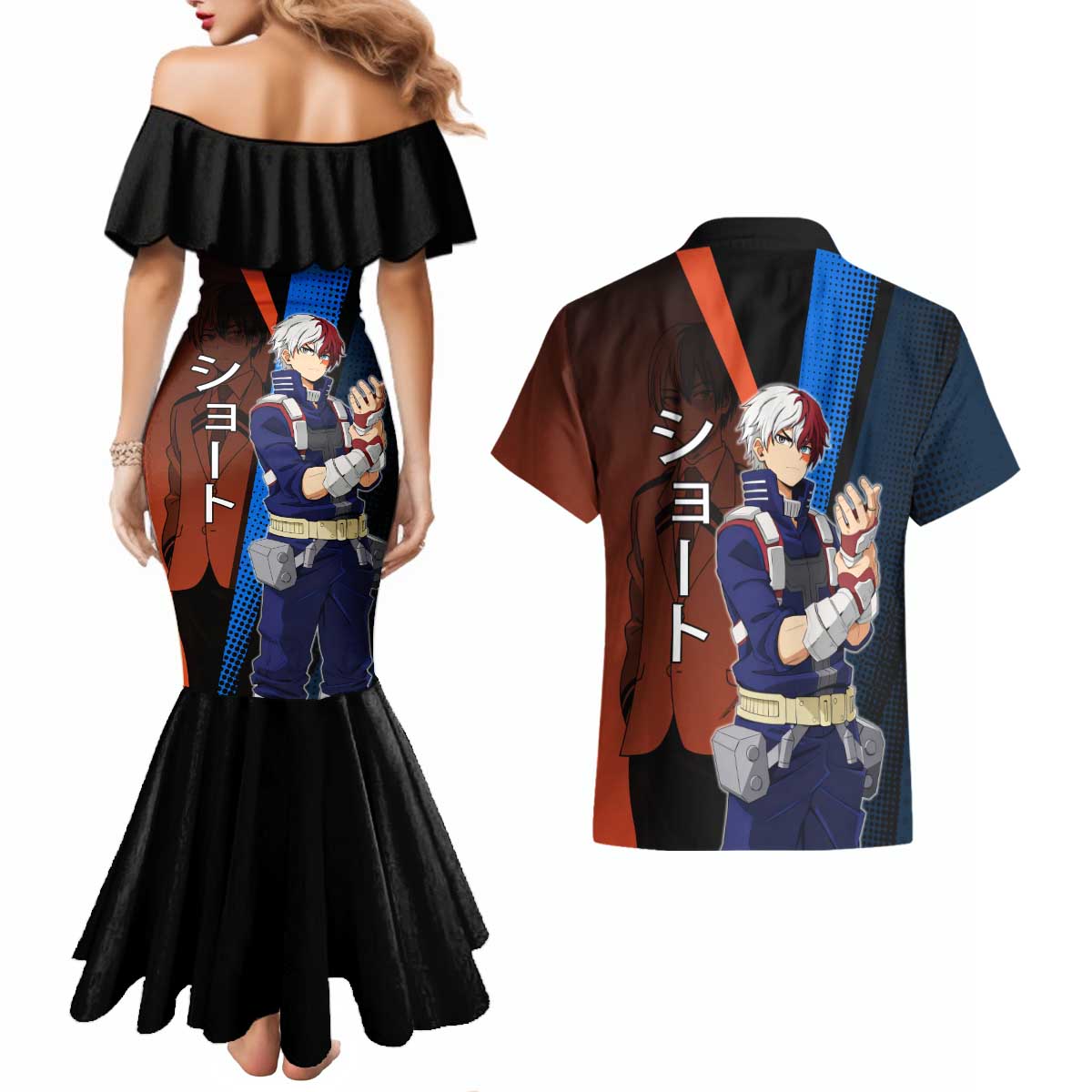 Shoto Todoroki Half-Cold Half-Hot Couples Matching Mermaid Dress and Hawaiian Shirt Japanese Comic Book Style