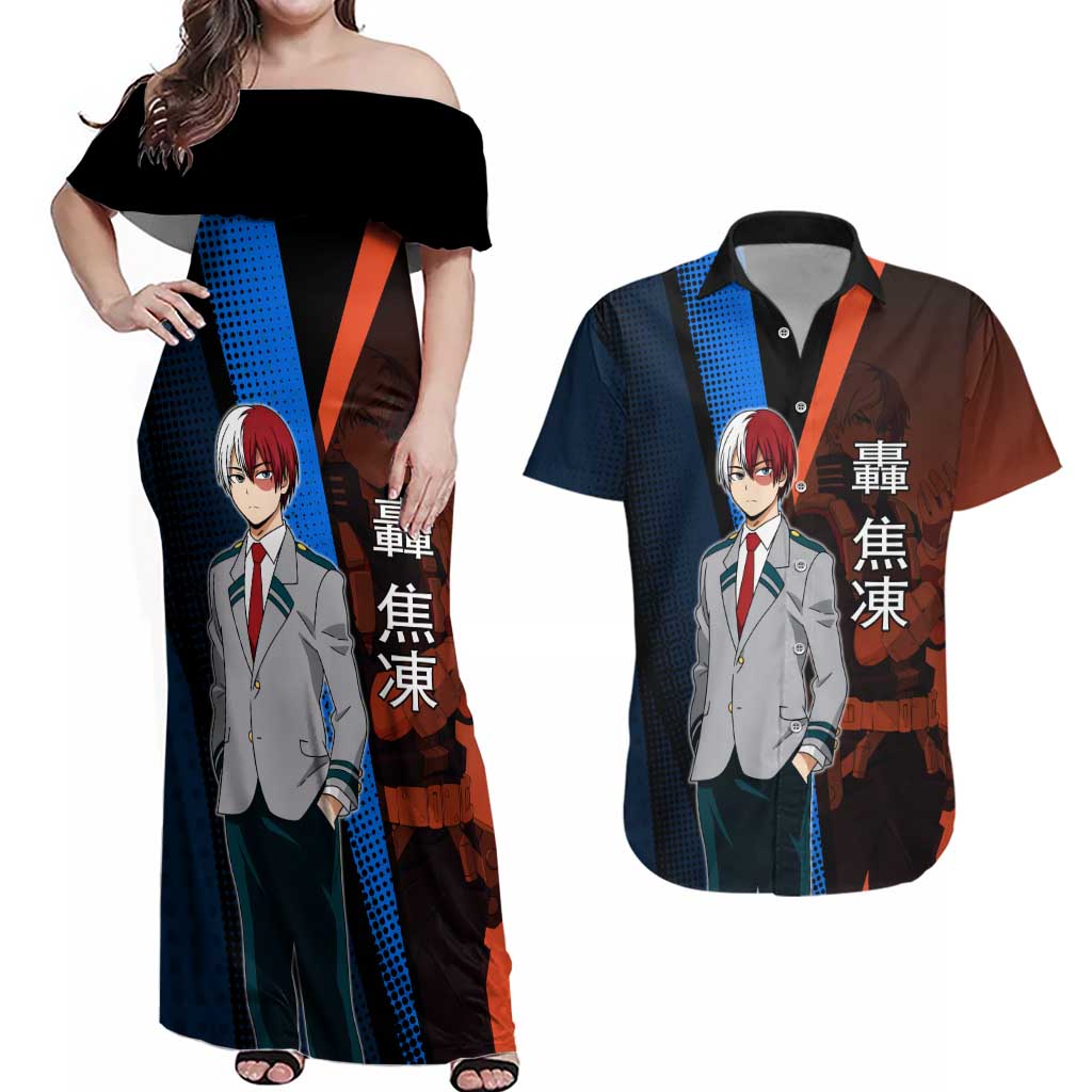Shoto Todoroki Half-Cold Half-Hot Couples Matching Off Shoulder Maxi Dress and Hawaiian Shirt Japanese Comic Book Style