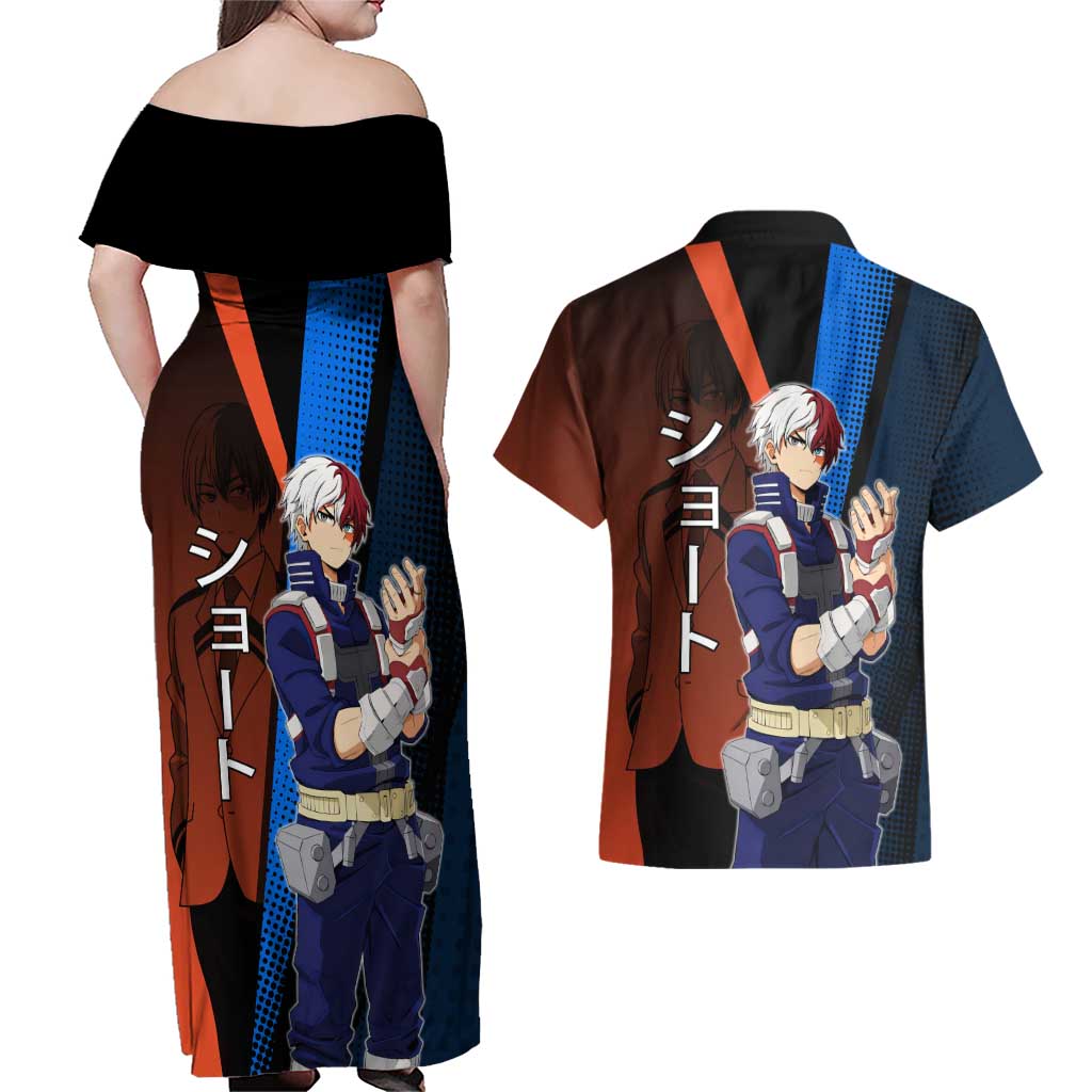 Shoto Todoroki Half-Cold Half-Hot Couples Matching Off Shoulder Maxi Dress and Hawaiian Shirt Japanese Comic Book Style