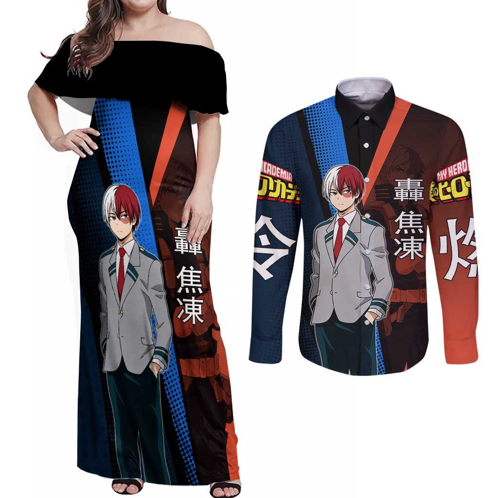 Shoto Todoroki Half-Cold Half-Hot Couples Matching Off Shoulder Maxi Dress and Long Sleeve Button Shirt Japanese Comic Book Style