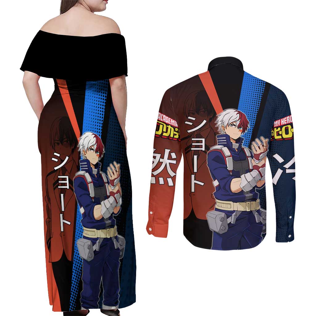 Shoto Todoroki Half-Cold Half-Hot Couples Matching Off Shoulder Maxi Dress and Long Sleeve Button Shirt Japanese Comic Book Style