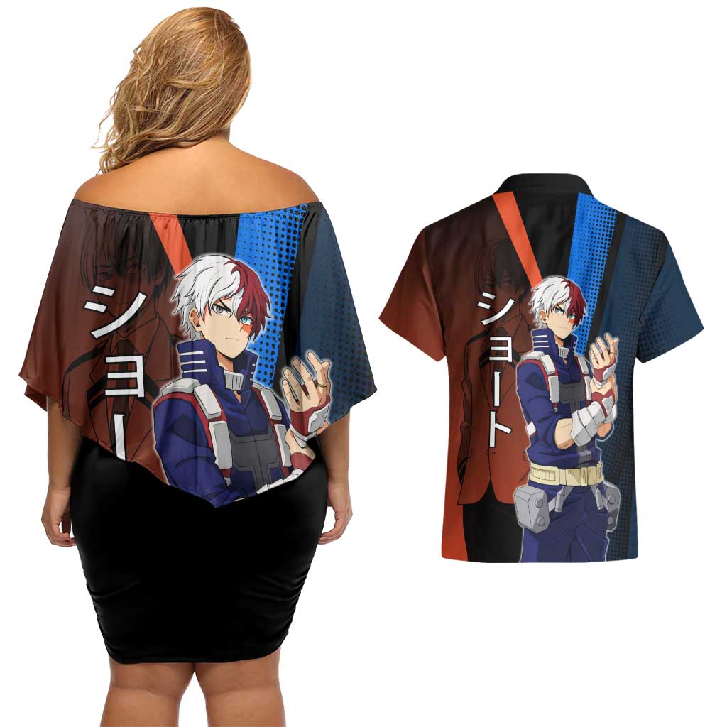 Shoto Todoroki Half-Cold Half-Hot Couples Matching Off Shoulder Short Dress and Hawaiian Shirt Japanese Comic Book Style