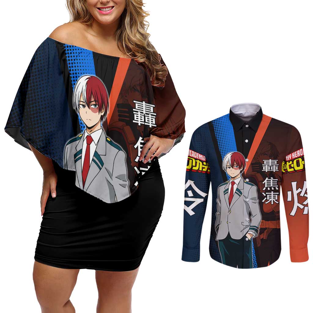 Shoto Todoroki Half-Cold Half-Hot Couples Matching Off Shoulder Short Dress and Long Sleeve Button Shirt Japanese Comic Book Style