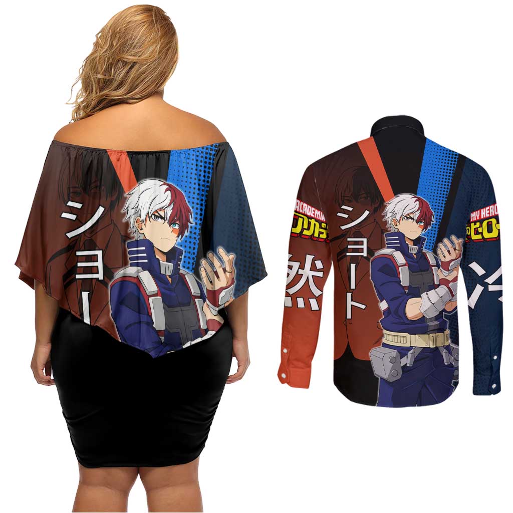 Shoto Todoroki Half-Cold Half-Hot Couples Matching Off Shoulder Short Dress and Long Sleeve Button Shirt Japanese Comic Book Style