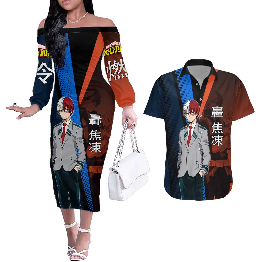 Shoto Todoroki Half-Cold Half-Hot Couples Matching Off The Shoulder Long Sleeve Dress and Hawaiian Shirt Japanese Comic Book Style