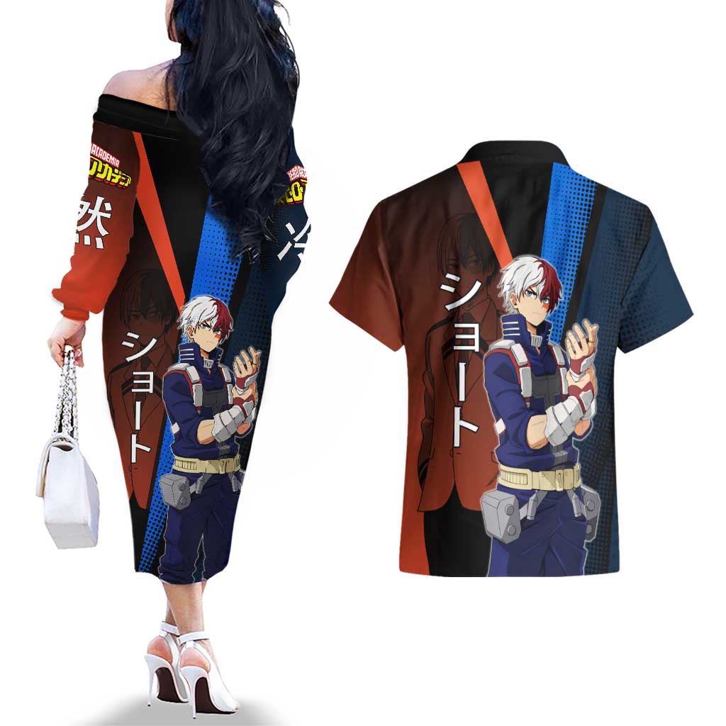 Shoto Todoroki Half-Cold Half-Hot Couples Matching Off The Shoulder Long Sleeve Dress and Hawaiian Shirt Japanese Comic Book Style