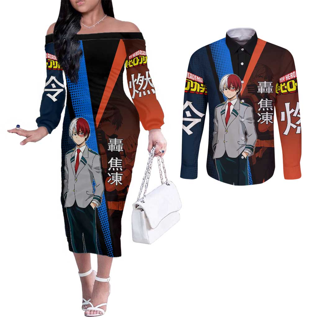Shoto Todoroki Half-Cold Half-Hot Couples Matching Off The Shoulder Long Sleeve Dress and Long Sleeve Button Shirt Japanese Comic Book Style