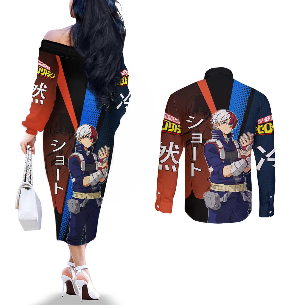 Shoto Todoroki Half-Cold Half-Hot Couples Matching Off The Shoulder Long Sleeve Dress and Long Sleeve Button Shirt Japanese Comic Book Style