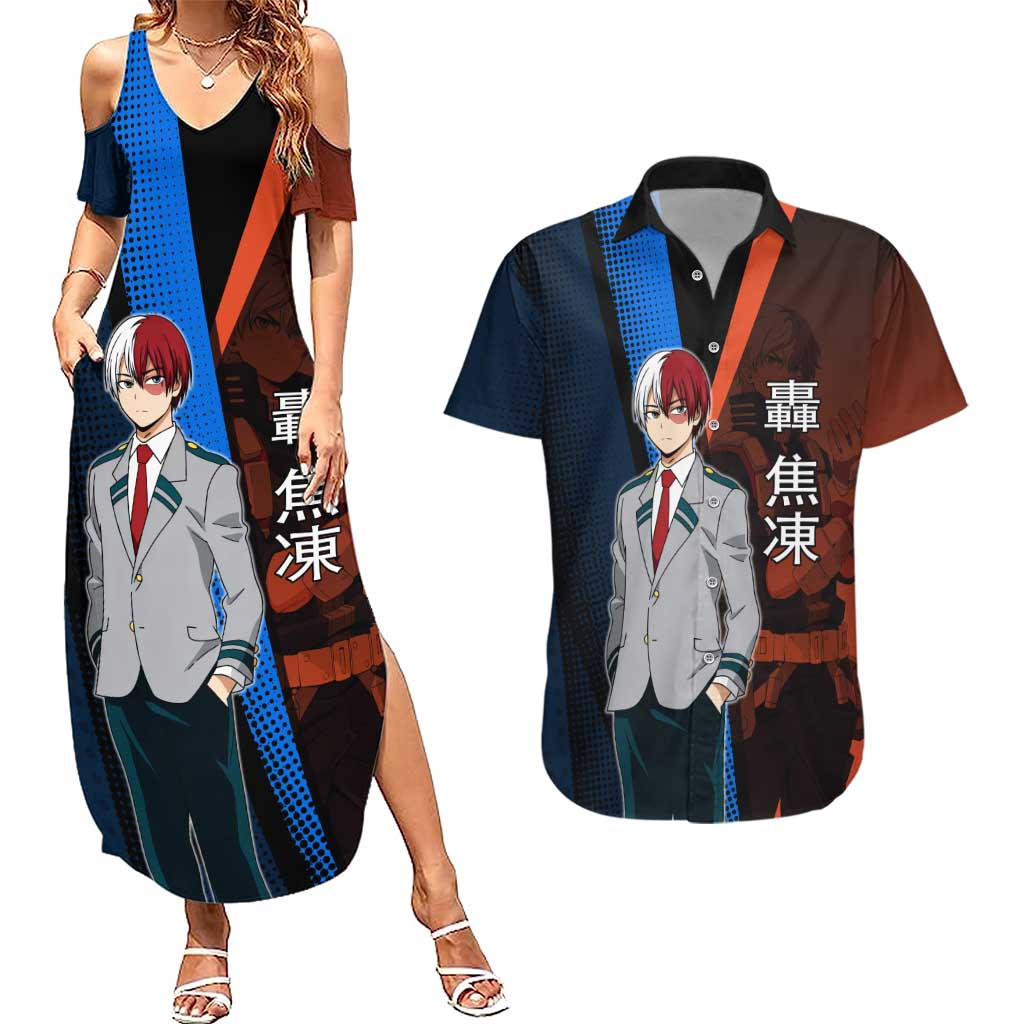 Shoto Todoroki Half-Cold Half-Hot Couples Matching Summer Maxi Dress and Hawaiian Shirt Japanese Comic Book Style