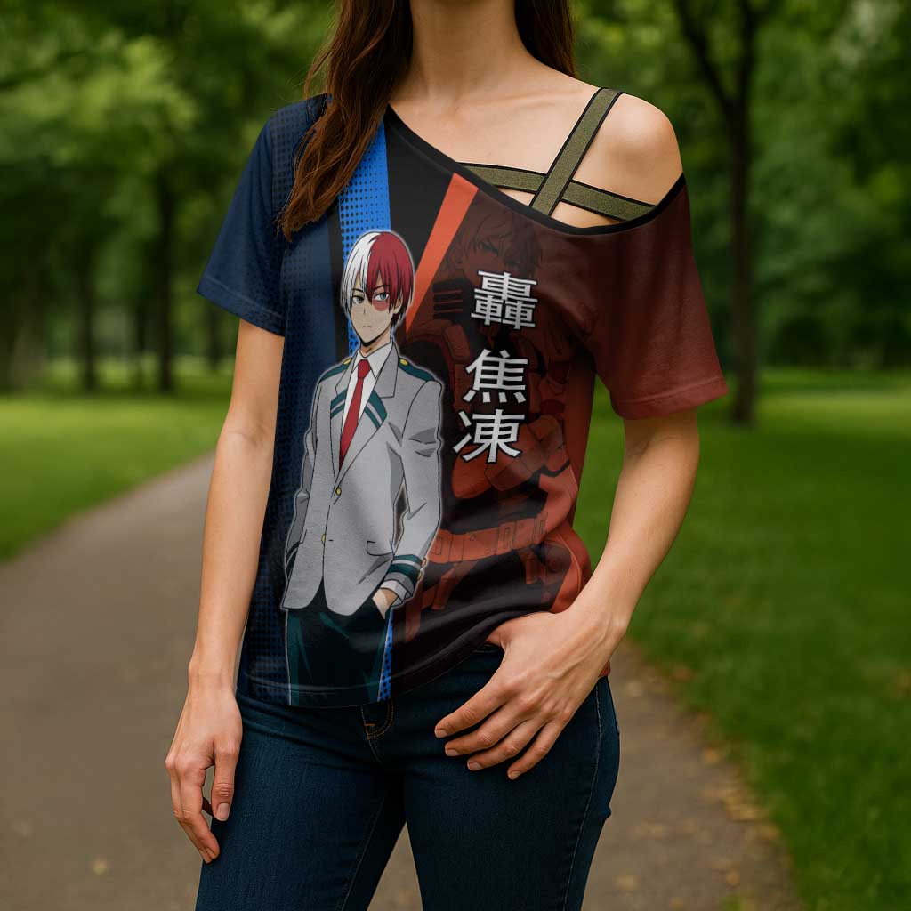 Shoto Todoroki Half-Cold Half-Hot Cross Shoulder Shirt Japanese Comic Book Style