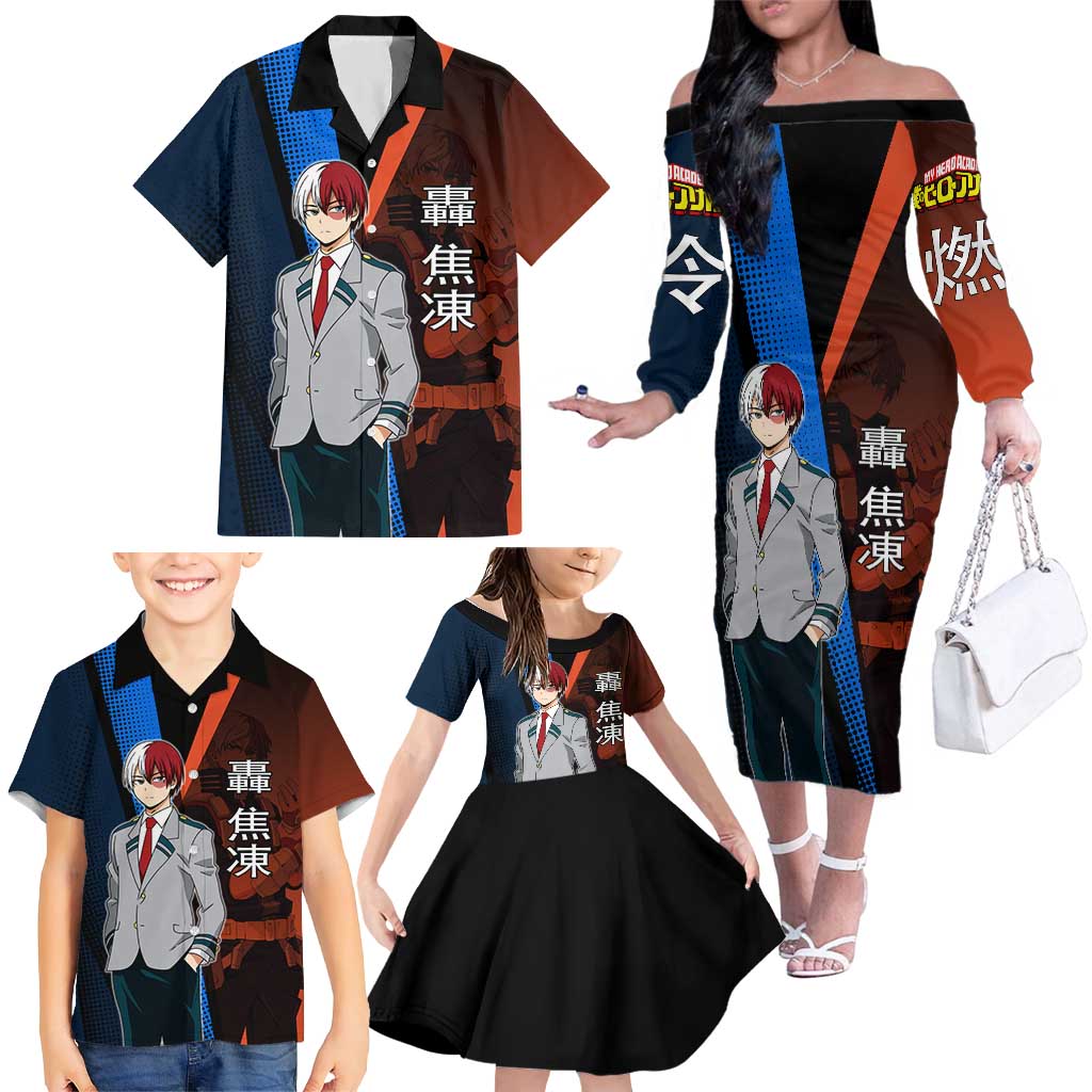 Shoto Todoroki Half-Cold Half-Hot Family Matching Off The Shoulder Long Sleeve Dress and Hawaiian Shirt Japanese Comic Book Style