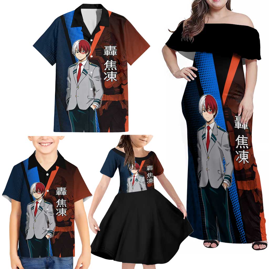 Shoto Todoroki Half-Cold Half-Hot Family Matching Off Shoulder Maxi Dress and Hawaiian Shirt Japanese Comic Book Style