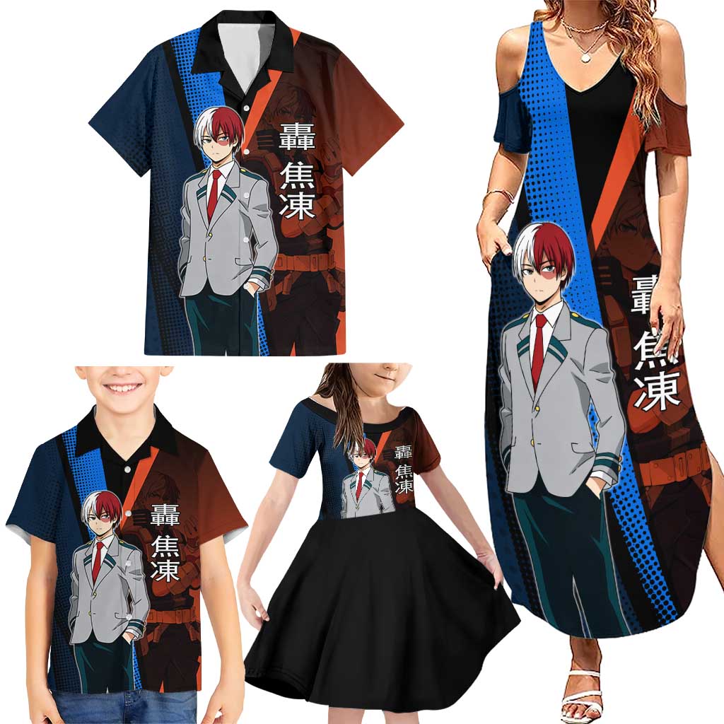 Shoto Todoroki Half-Cold Half-Hot Family Matching Summer Maxi Dress and Hawaiian Shirt Japanese Comic Book Style