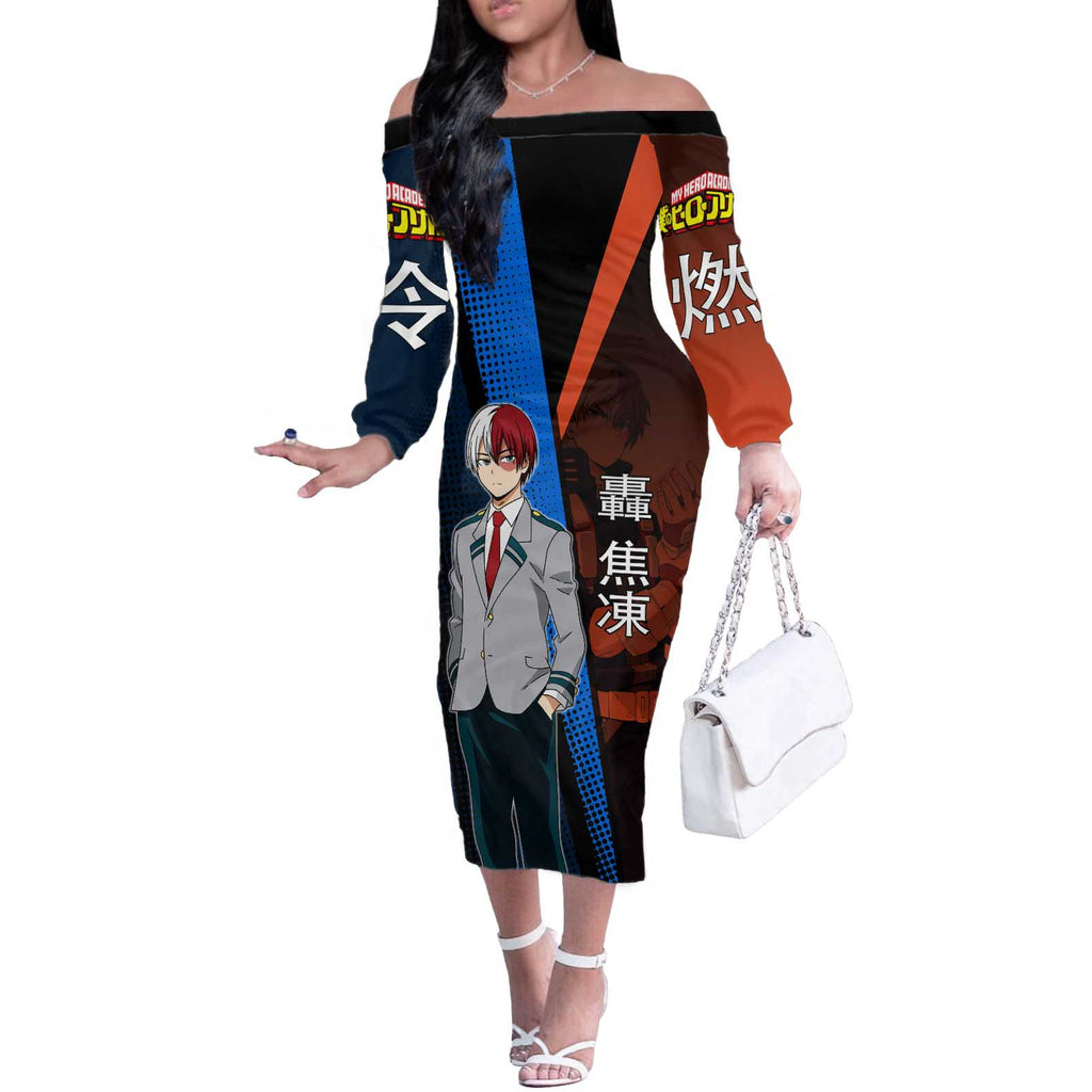 Shoto Todoroki Half-Cold Half-Hot Off The Shoulder Long Sleeve Dress Japanese Comic Book Style