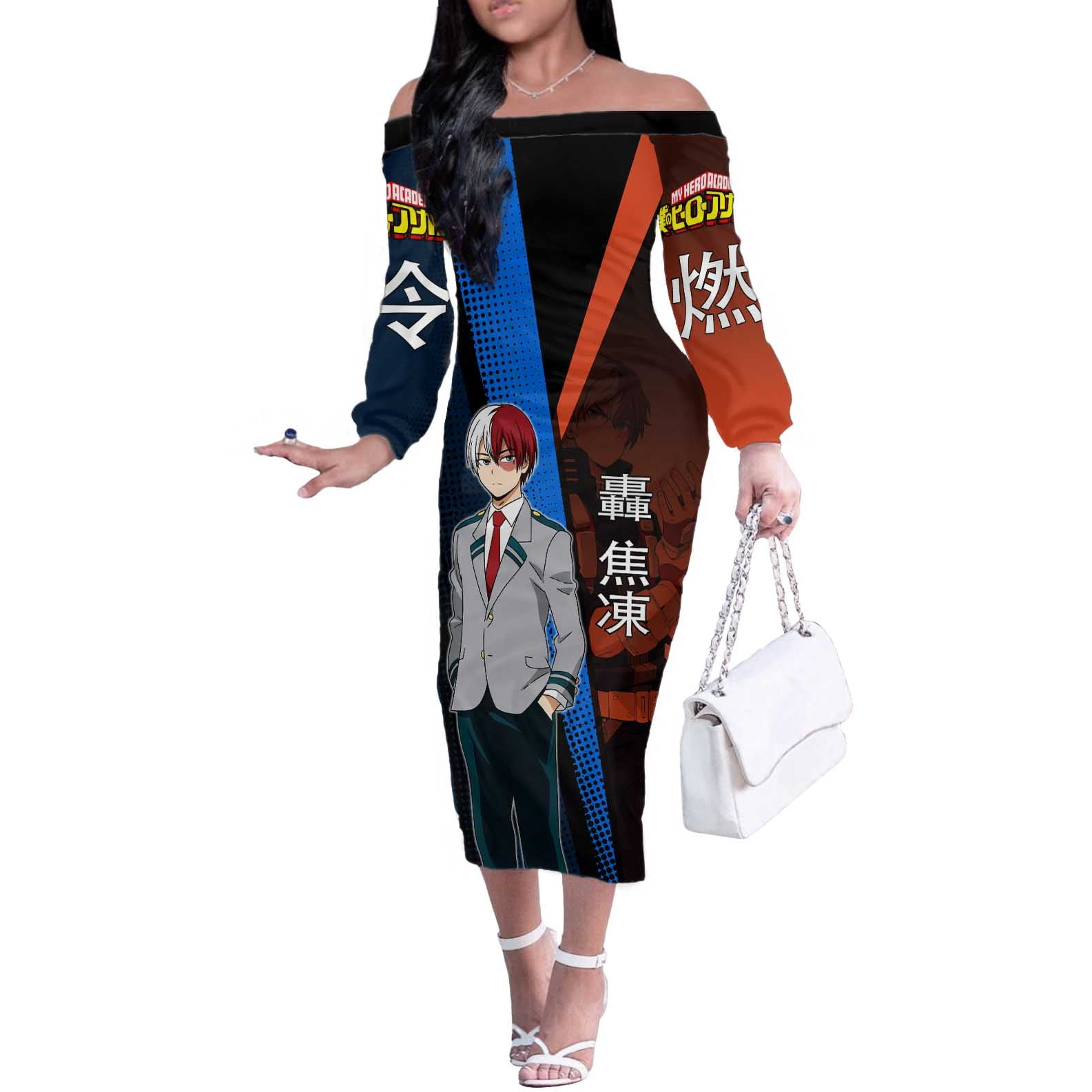 Shoto Todoroki Half-Cold Half-Hot Off The Shoulder Long Sleeve Dress Japanese Comic Book Style