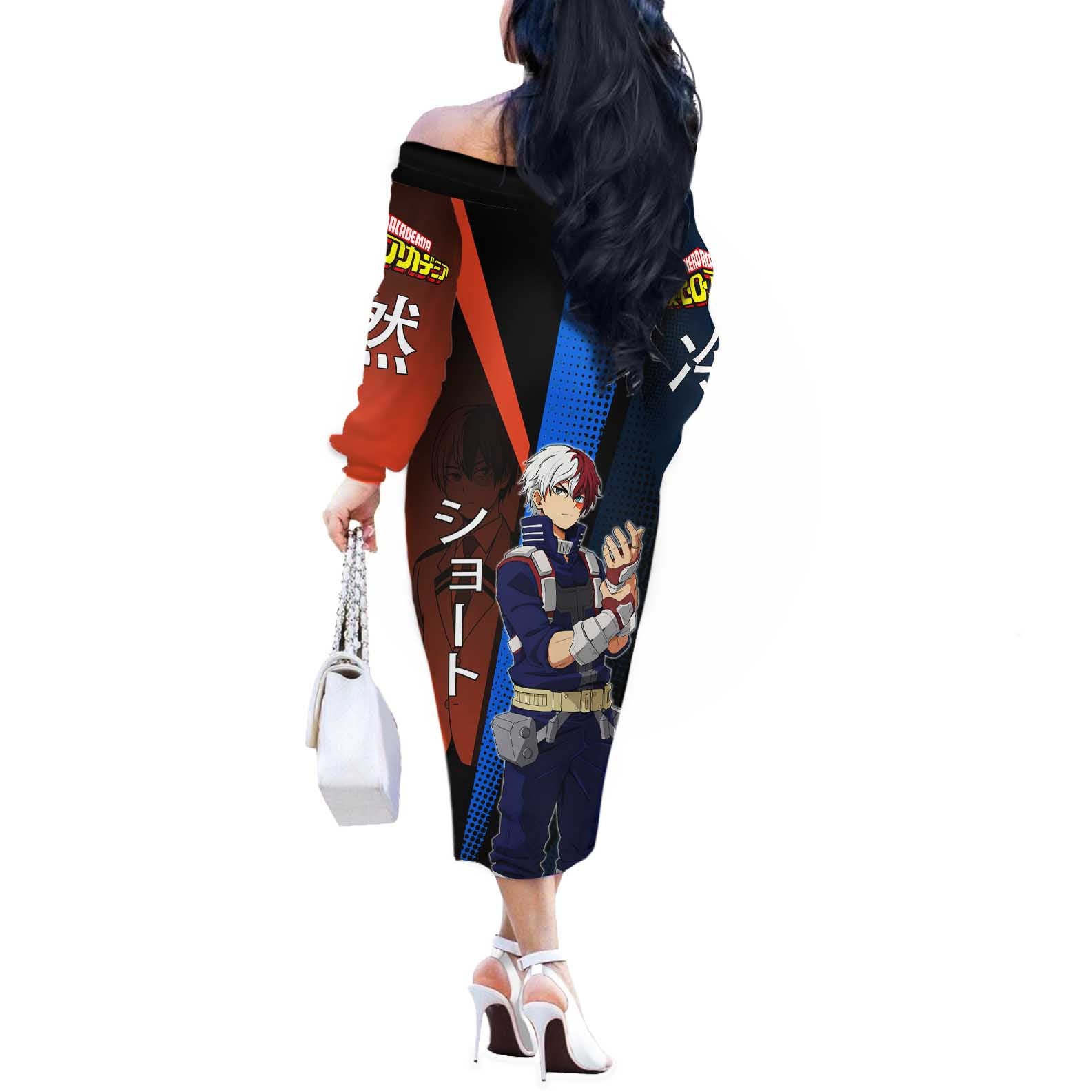 Shoto Todoroki Half-Cold Half-Hot Off The Shoulder Long Sleeve Dress Japanese Comic Book Style