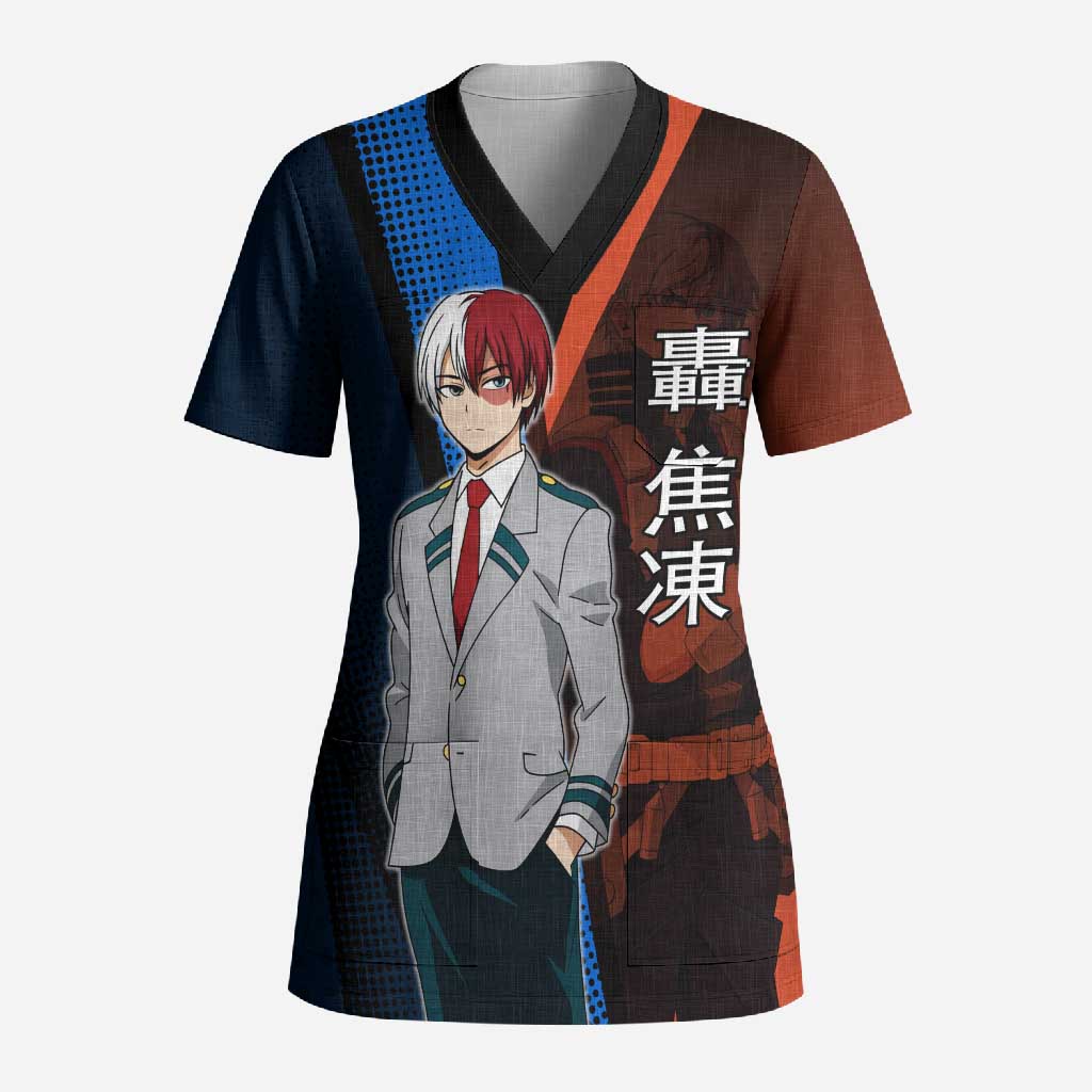 Shoto Todoroki Half-Cold Half-Hot Scrub Top Japanese Comic Book Style