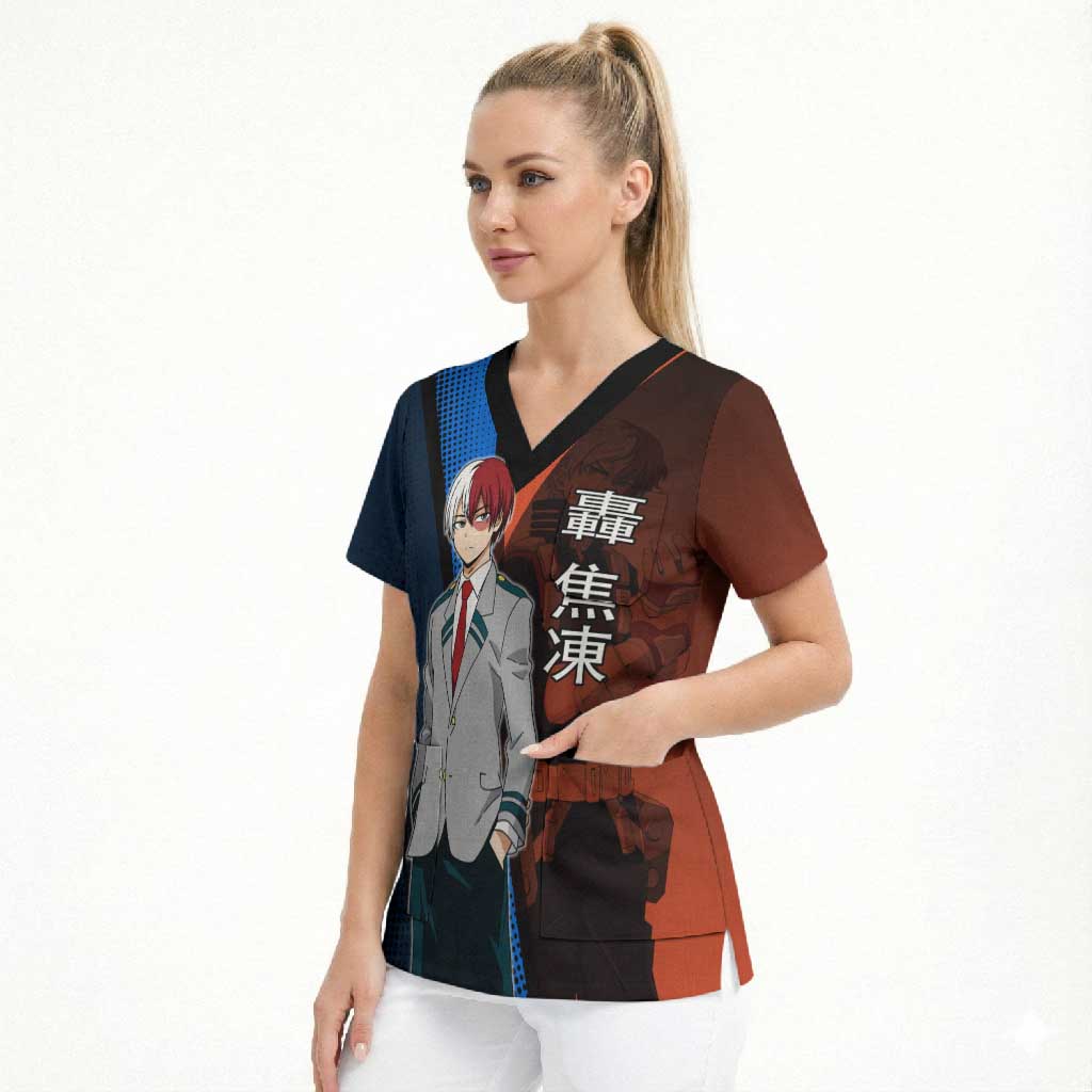 Shoto Todoroki Half-Cold Half-Hot Scrub Top Japanese Comic Book Style