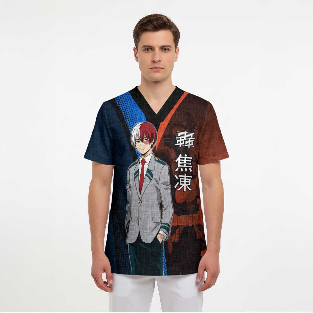 Shoto Todoroki Half-Cold Half-Hot Scrub Top Japanese Comic Book Style