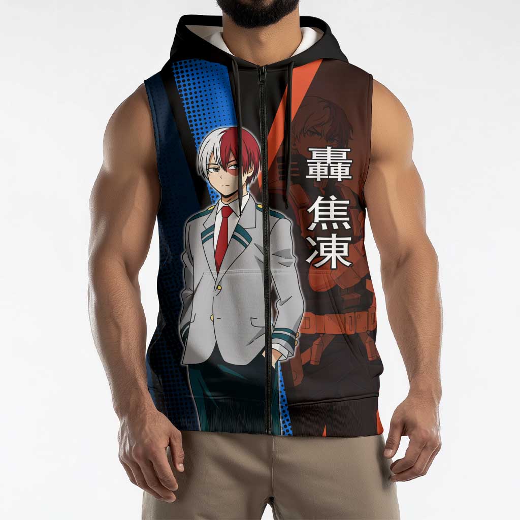 Shoto Todoroki Half-Cold Half-Hot Sleeveless Zip Hoodie Japanese Comic Book Style