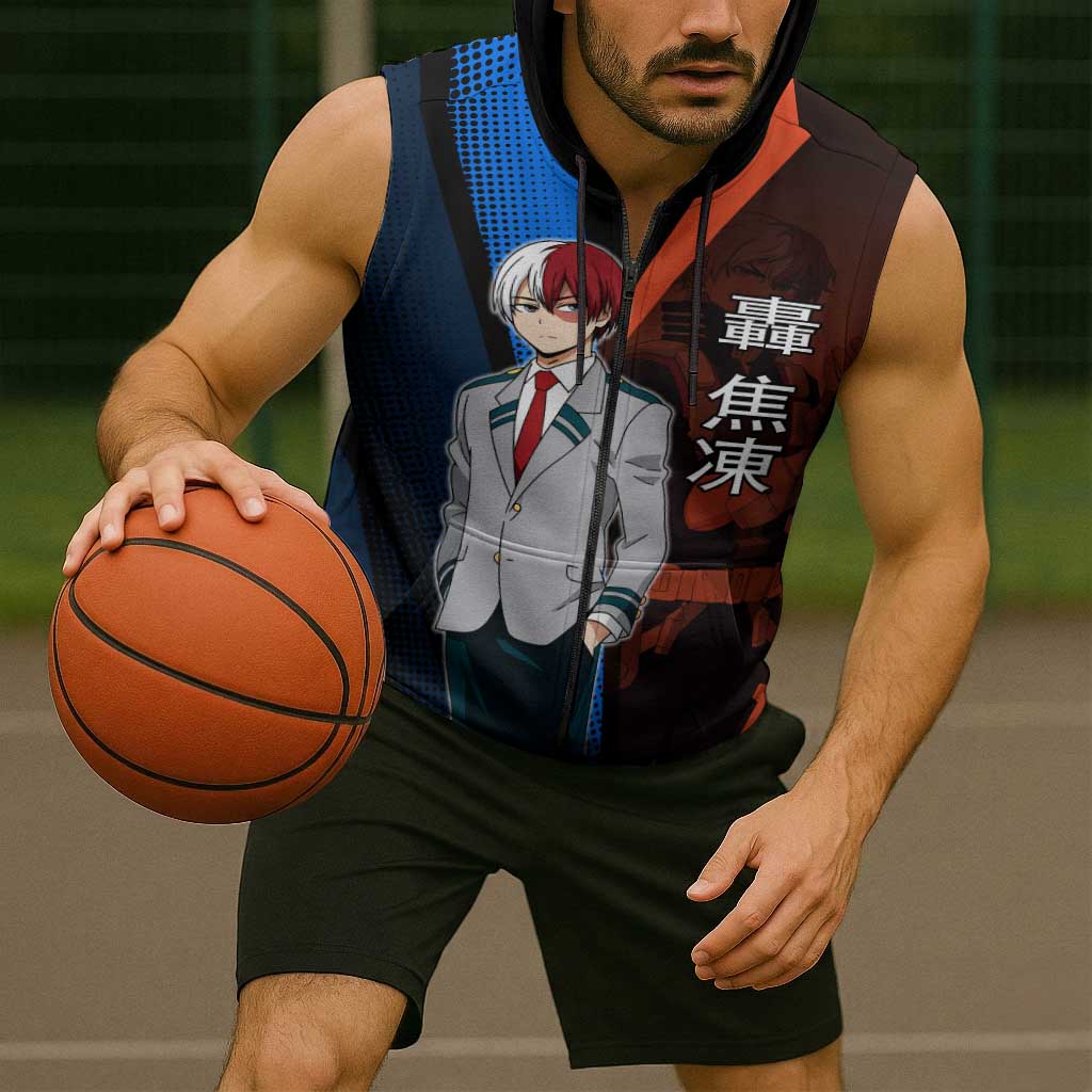 Shoto Todoroki Half-Cold Half-Hot Sleeveless Zip Hoodie Japanese Comic Book Style