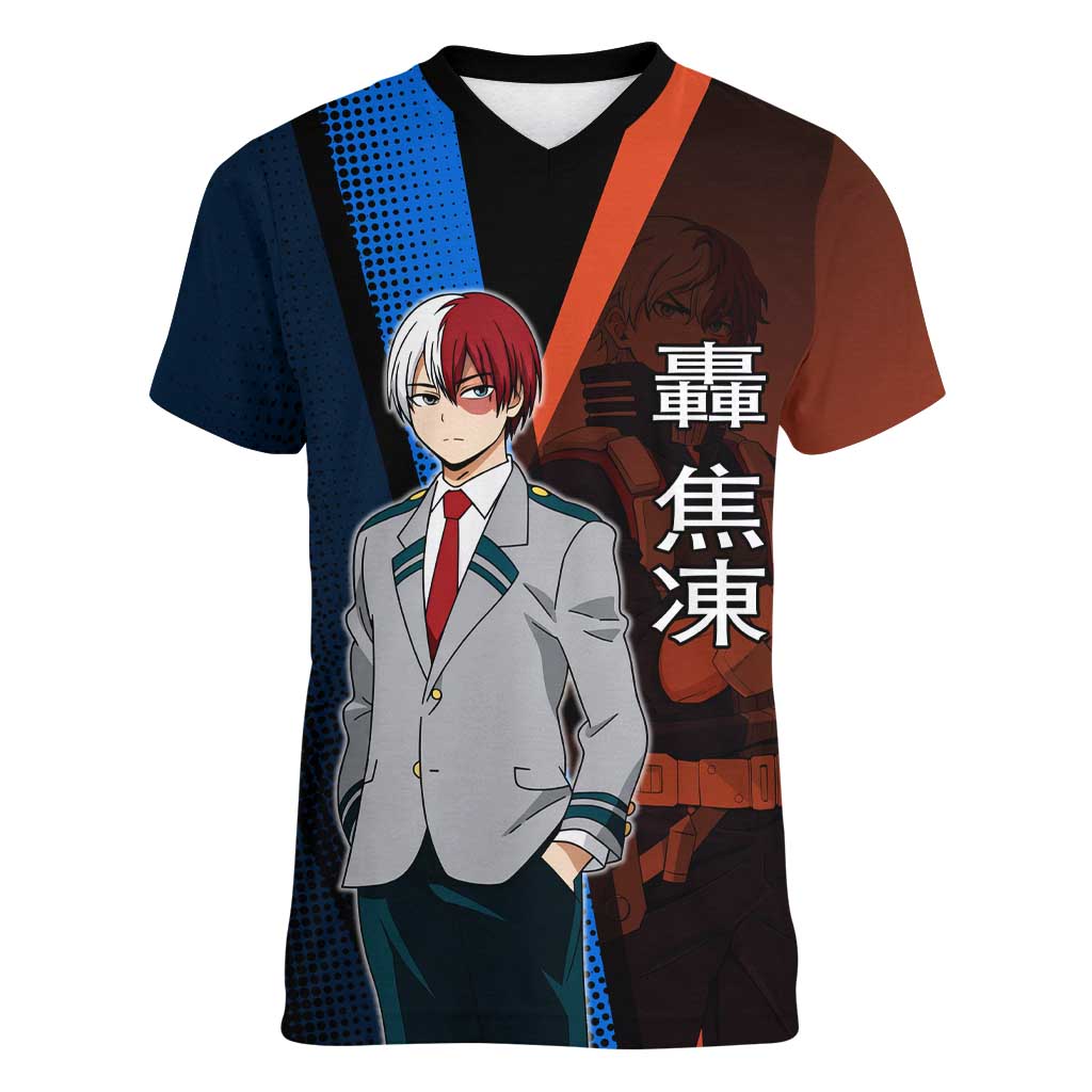Shoto Todoroki Half-Cold Half-Hot Women V-Neck T-Shirt Japanese Comic Book Style