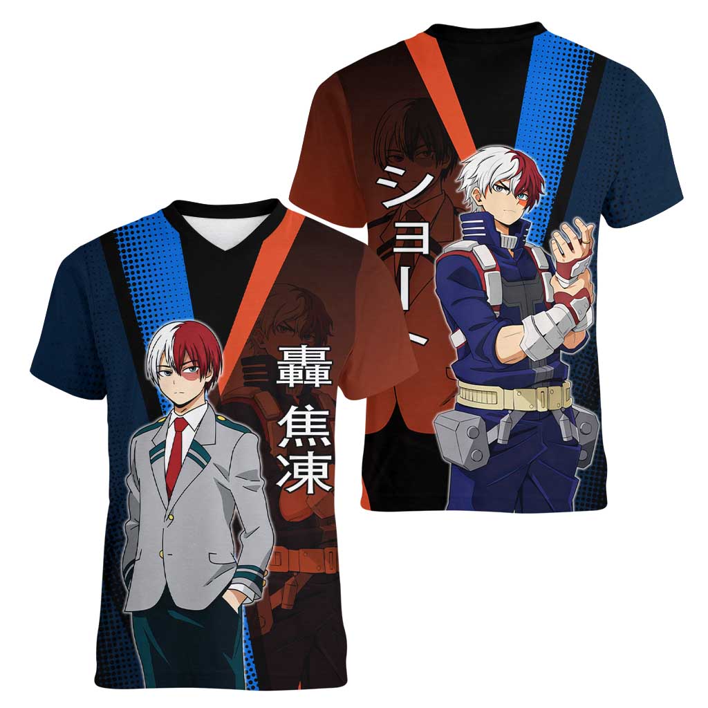 Shoto Todoroki Half-Cold Half-Hot Women V-Neck T-Shirt Japanese Comic Book Style