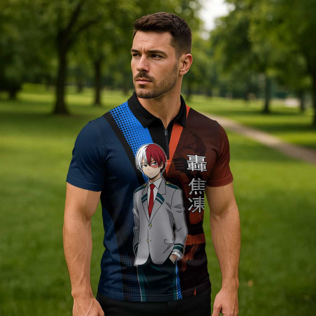Shoto Todoroki Half-Cold Half-Hot Zipper Polo Shirt Japanese Comic Book Style