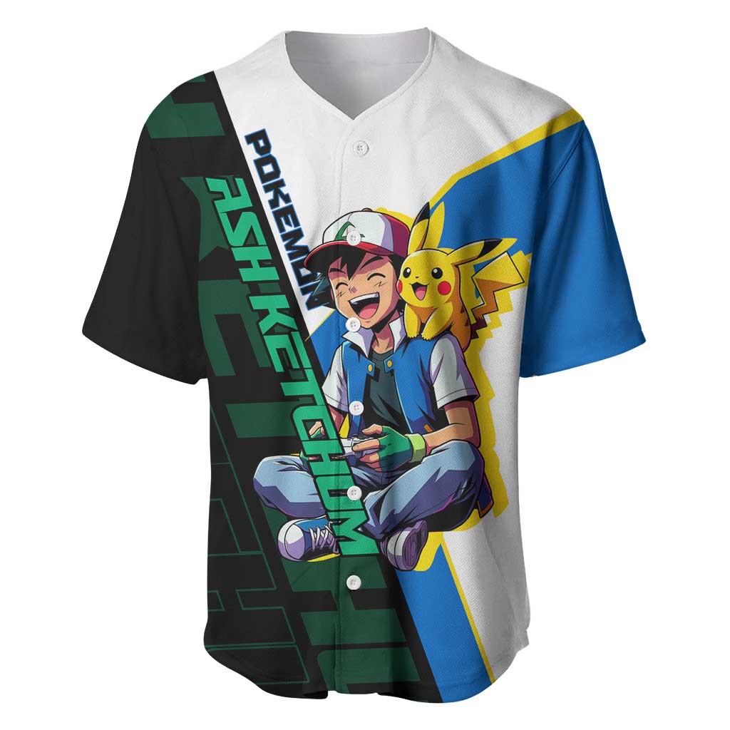 Ash & Pikachu Poké Baseball Jersey Vibrant Anime Character Style
