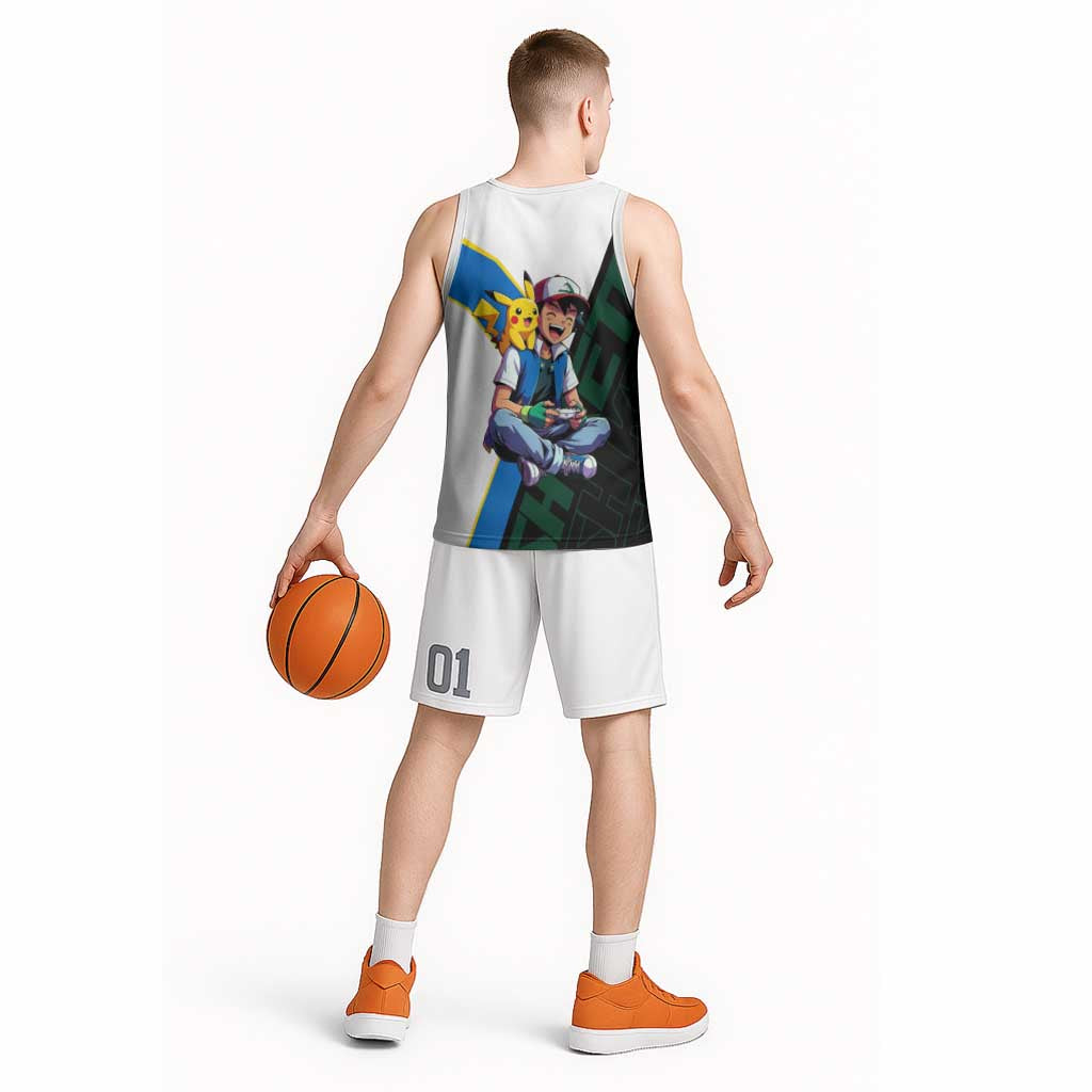 Ash & Pikachu Poké Basketball Jersey Vibrant Anime Character Style