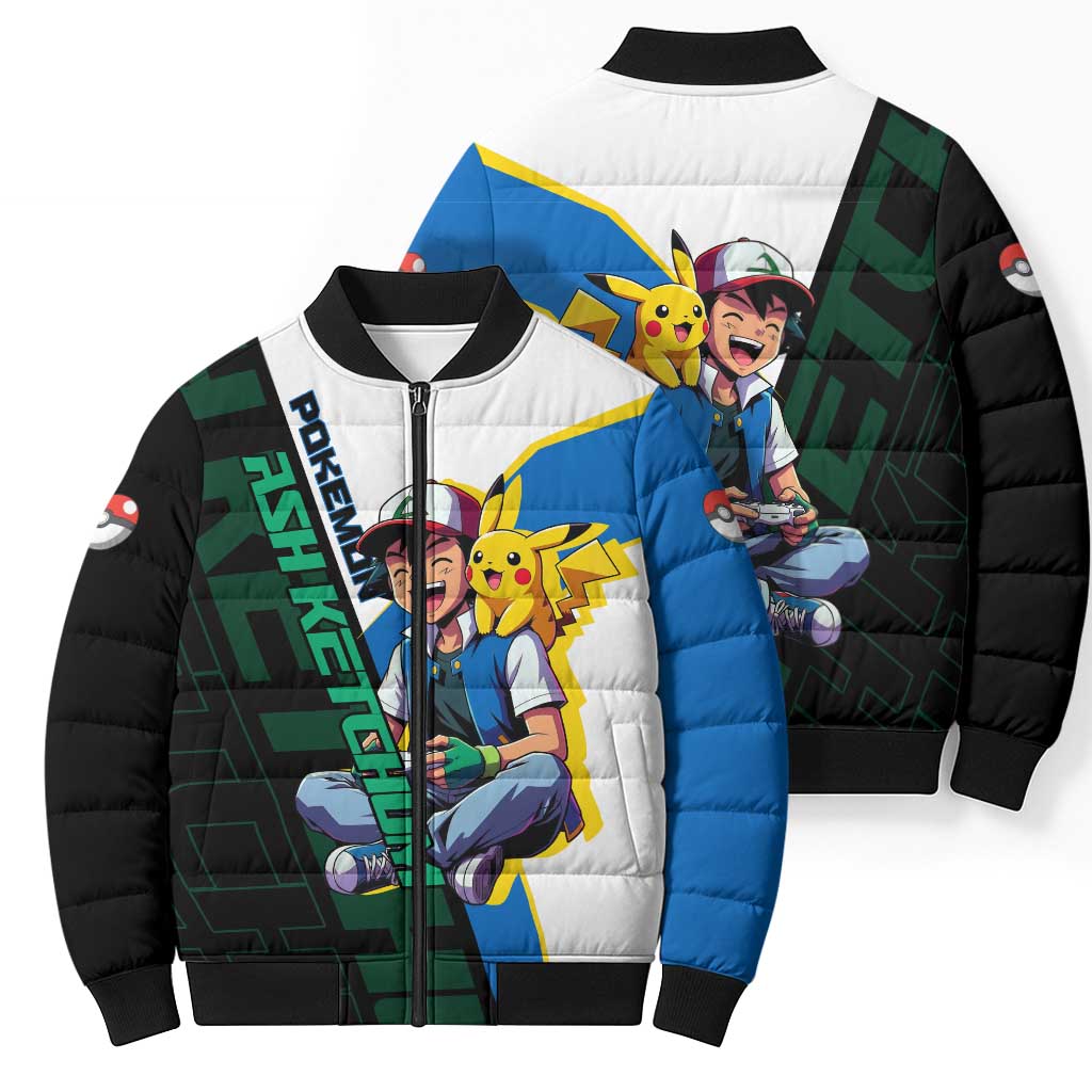 Ash & Pikachu Poké Bomber Puffer Jacket Vibrant Anime Character Style
