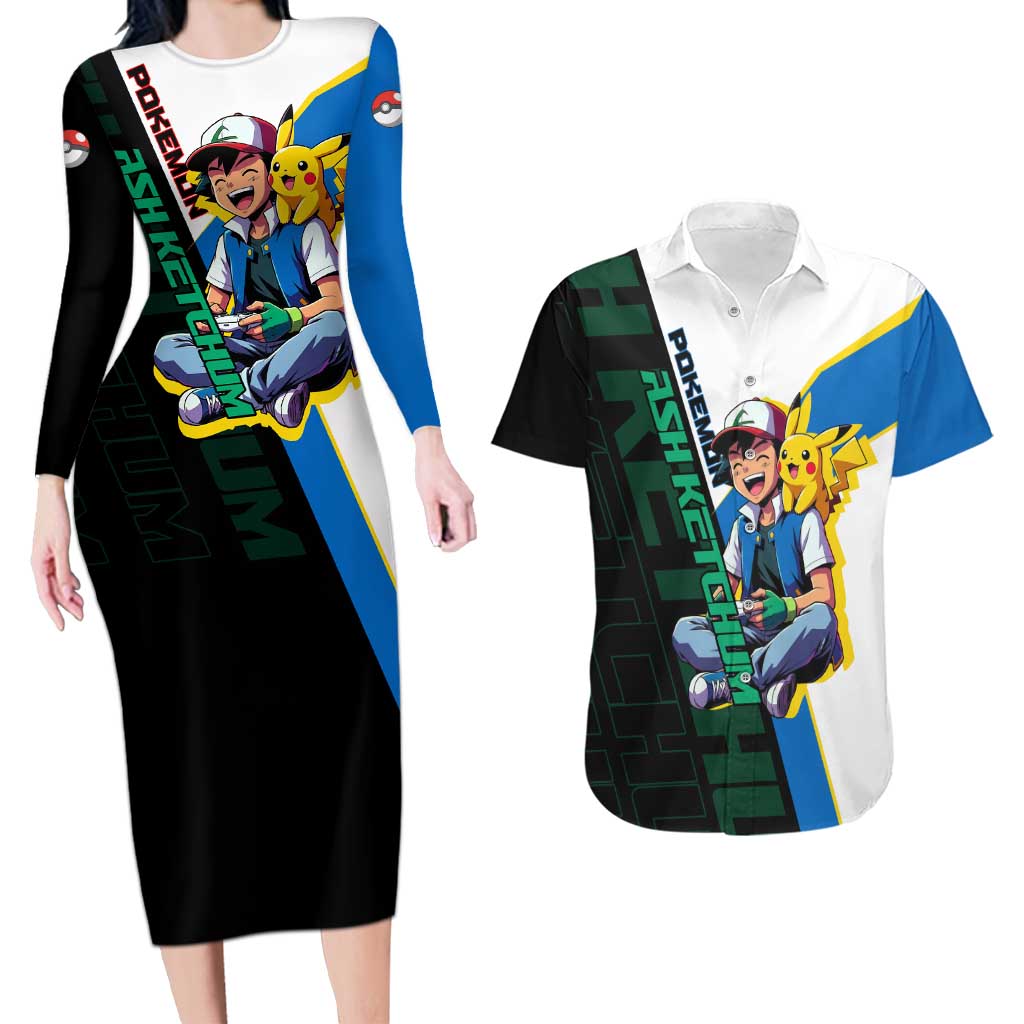 Ash & Pikachu Poké Couples Matching Long Sleeve Bodycon Dress and Hawaiian Shirt Vibrant Anime Character Style