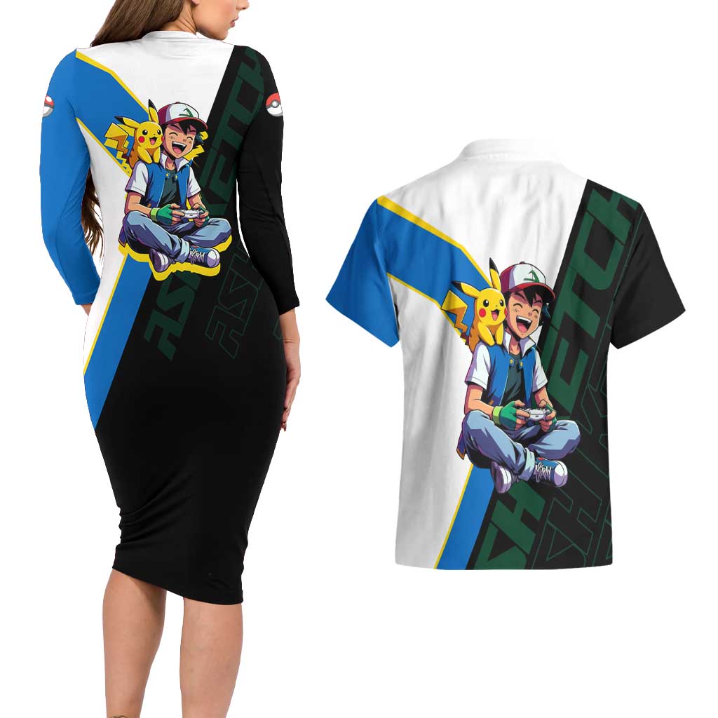 Ash & Pikachu Poké Couples Matching Long Sleeve Bodycon Dress and Hawaiian Shirt Vibrant Anime Character Style