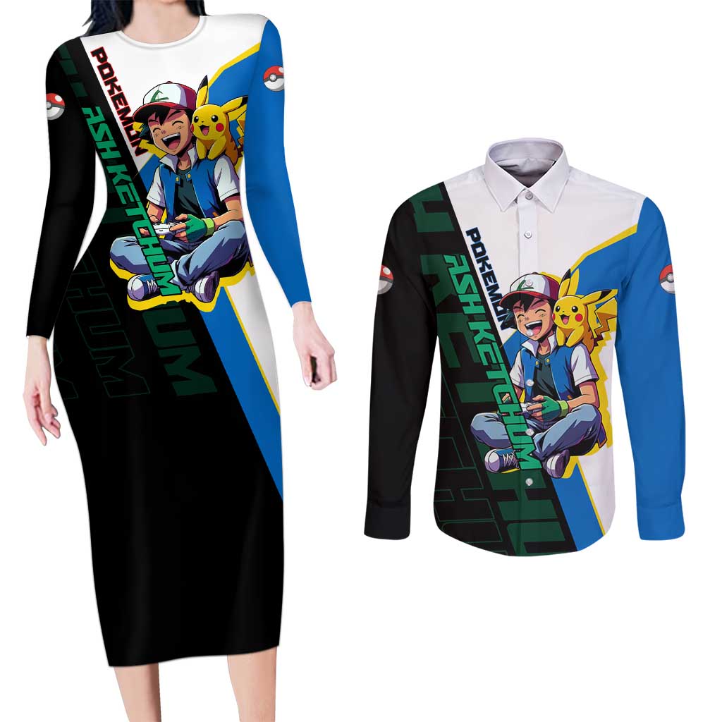 Ash & Pikachu Poké Couples Matching Long Sleeve Bodycon Dress and Long Sleeve Button Shirt Vibrant Anime Character Style