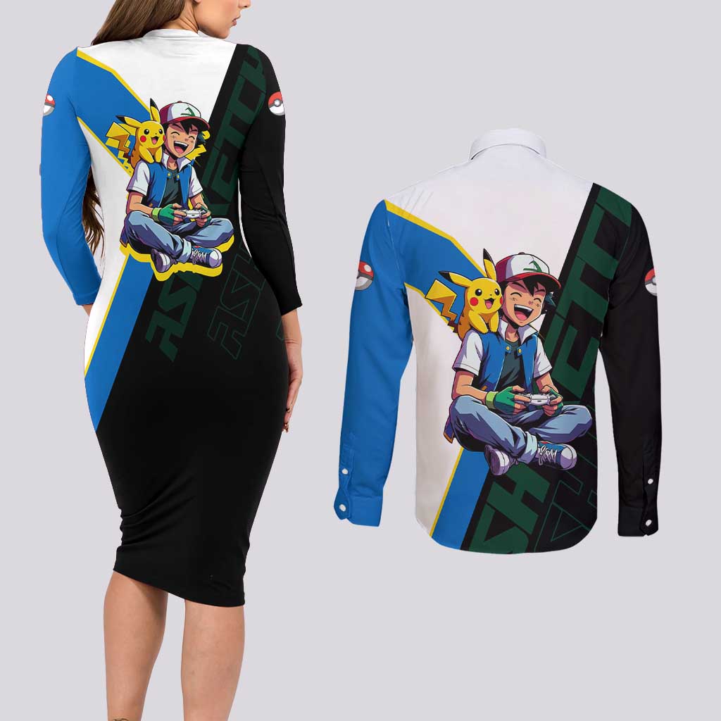 Ash & Pikachu Poké Couples Matching Long Sleeve Bodycon Dress and Long Sleeve Button Shirt Vibrant Anime Character Style
