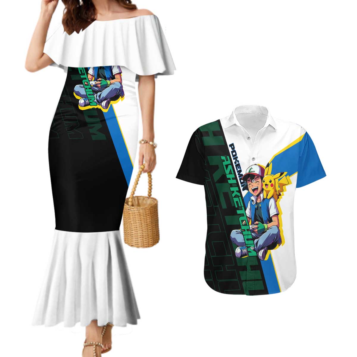 Ash & Pikachu Poké Couples Matching Mermaid Dress and Hawaiian Shirt Vibrant Anime Character Style