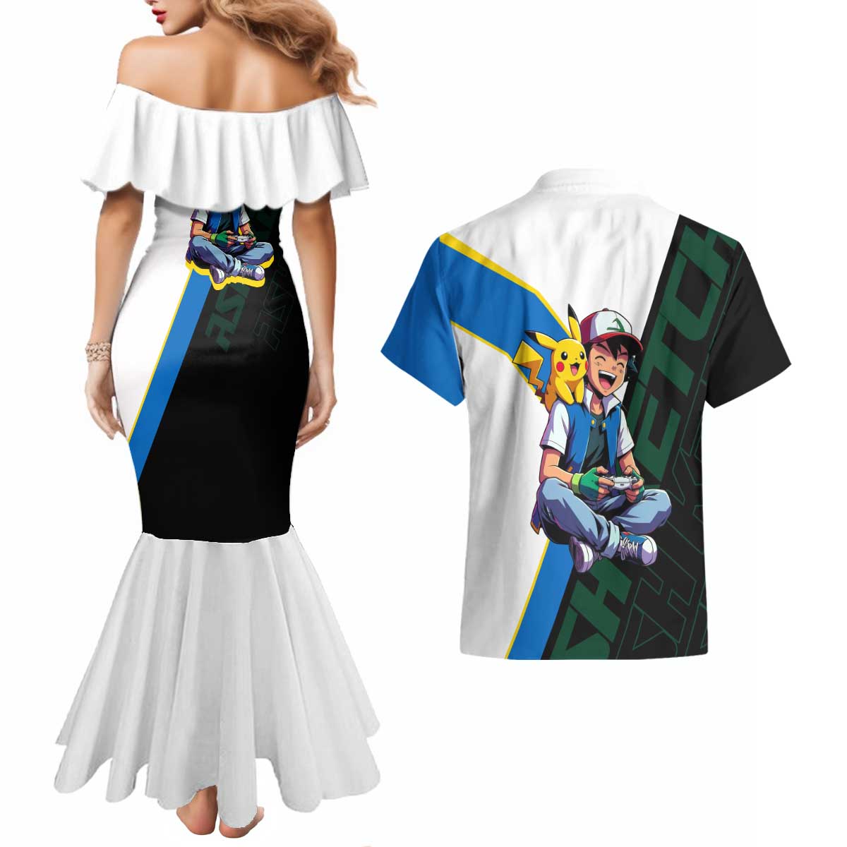 Ash & Pikachu Poké Couples Matching Mermaid Dress and Hawaiian Shirt Vibrant Anime Character Style