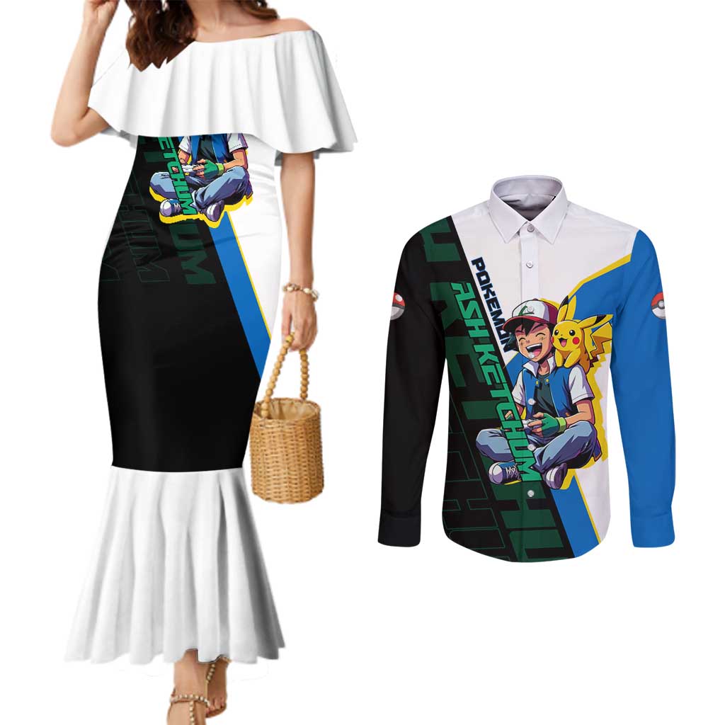 Ash & Pikachu Poké Couples Matching Mermaid Dress and Long Sleeve Button Shirt Vibrant Anime Character Style