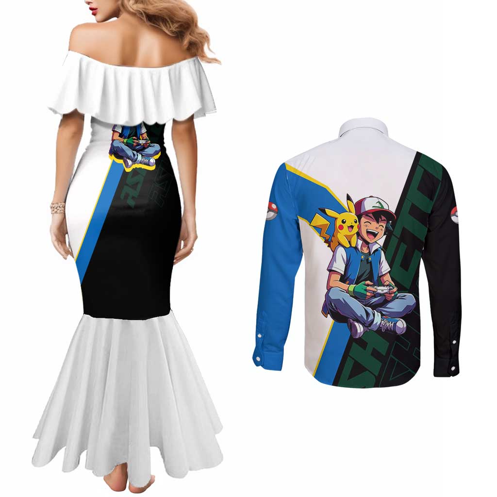 Ash & Pikachu Poké Couples Matching Mermaid Dress and Long Sleeve Button Shirt Vibrant Anime Character Style