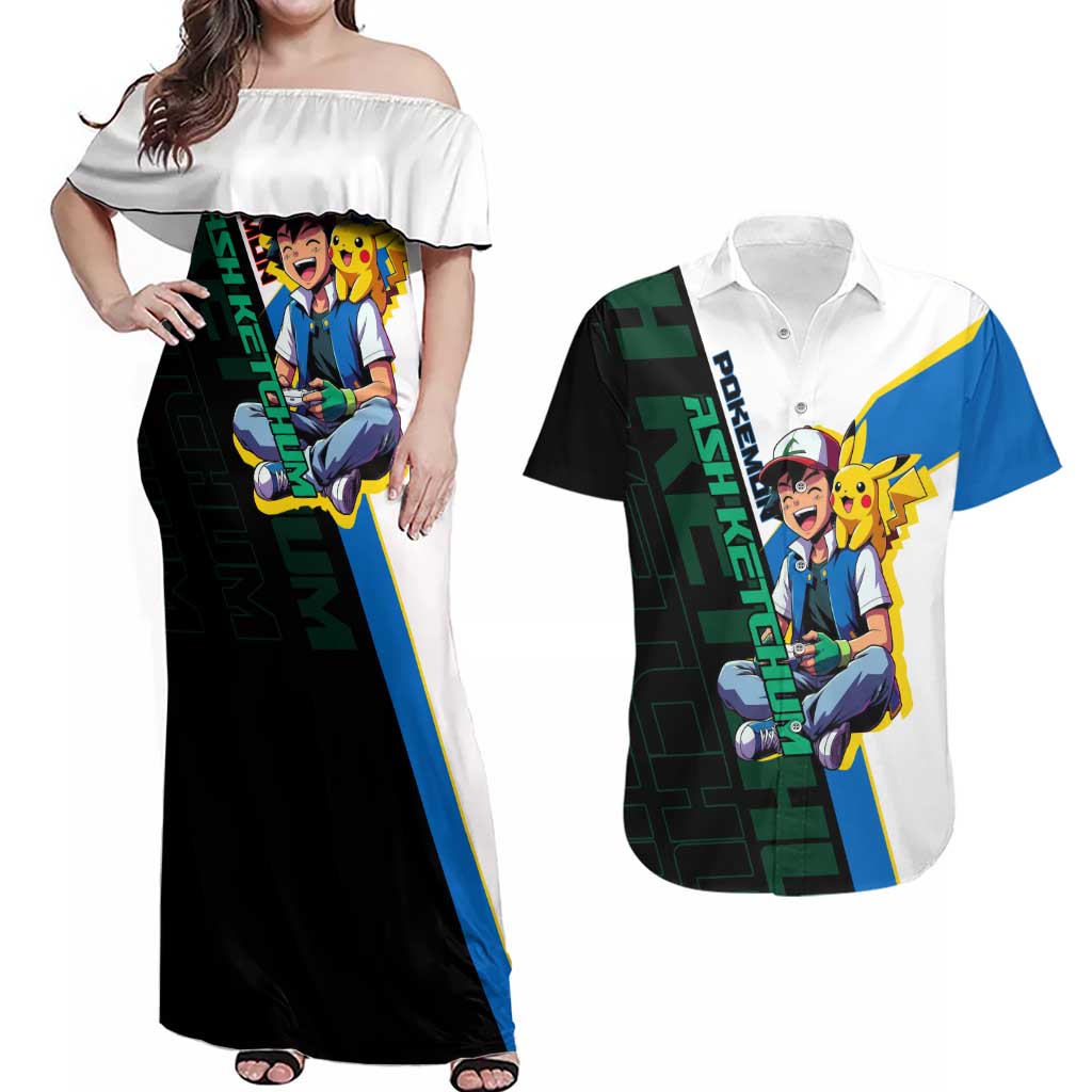 Ash & Pikachu Poké Couples Matching Off Shoulder Maxi Dress and Hawaiian Shirt Vibrant Anime Character Style
