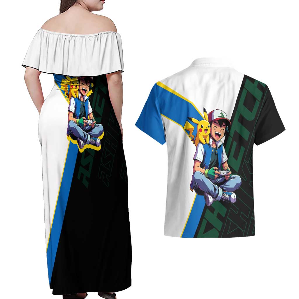 Ash & Pikachu Poké Couples Matching Off Shoulder Maxi Dress and Hawaiian Shirt Vibrant Anime Character Style