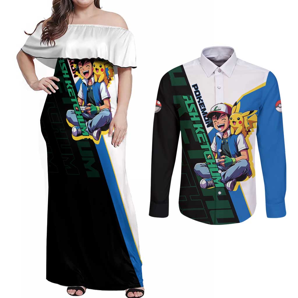 Ash & Pikachu Poké Couples Matching Off Shoulder Maxi Dress and Long Sleeve Button Shirt Vibrant Anime Character Style