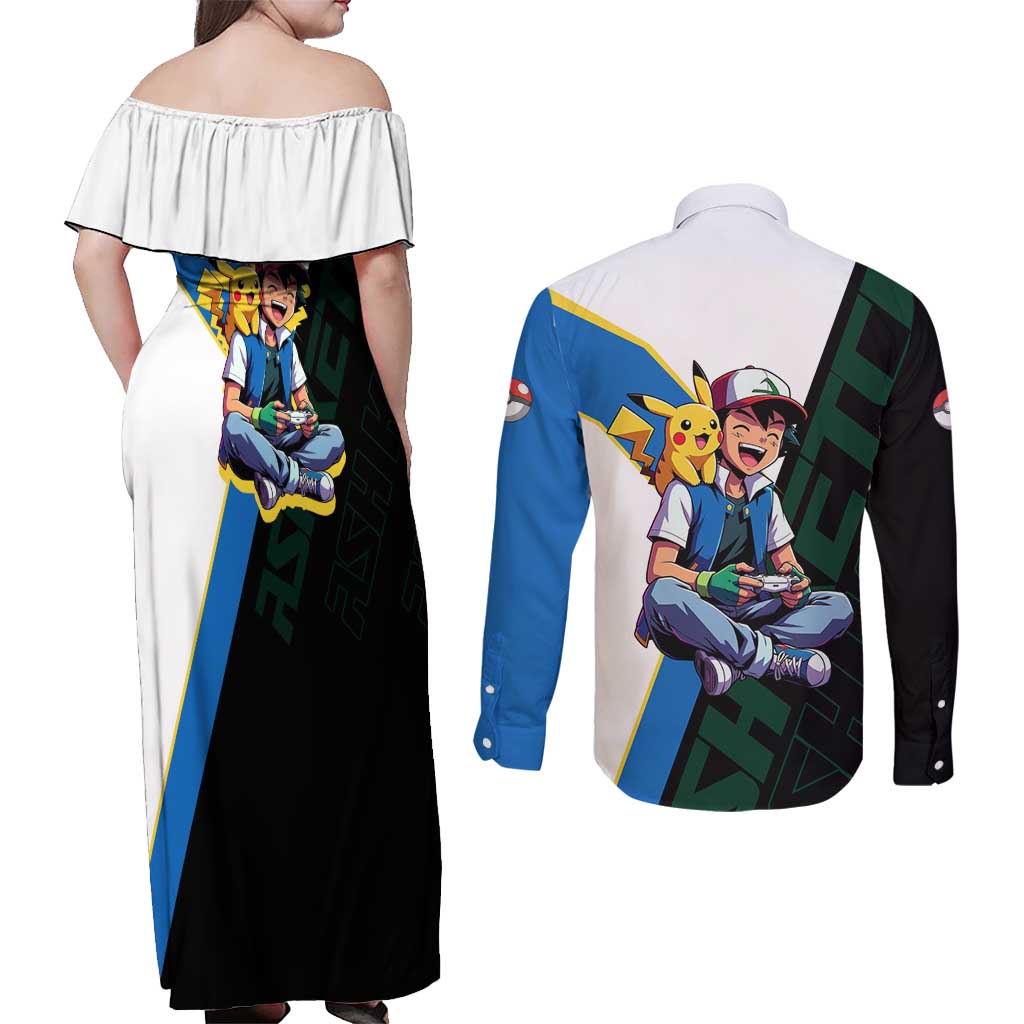 Ash & Pikachu Poké Couples Matching Off Shoulder Maxi Dress and Long Sleeve Button Shirt Vibrant Anime Character Style