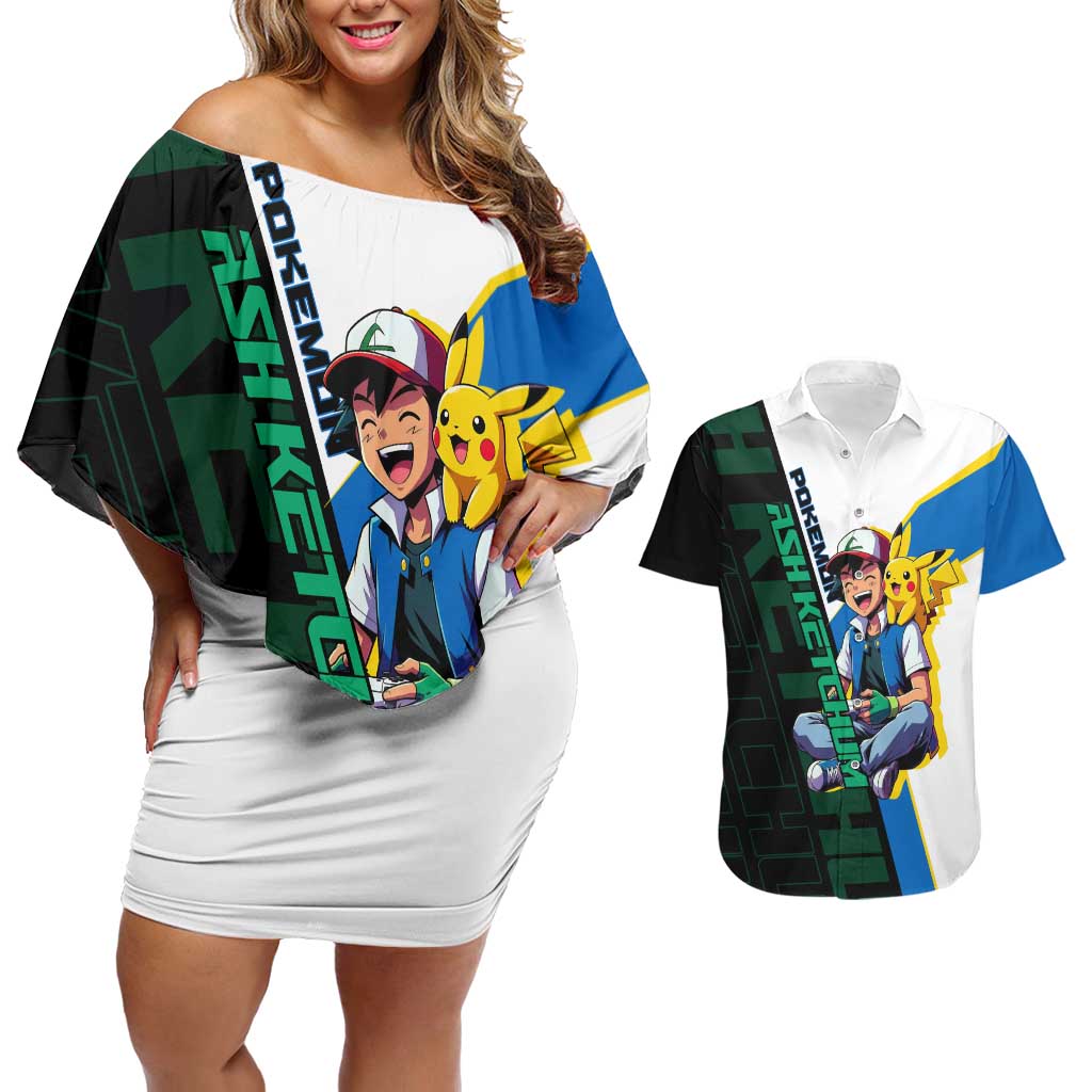 Ash & Pikachu Poké Couples Matching Off Shoulder Short Dress and Hawaiian Shirt Vibrant Anime Character Style