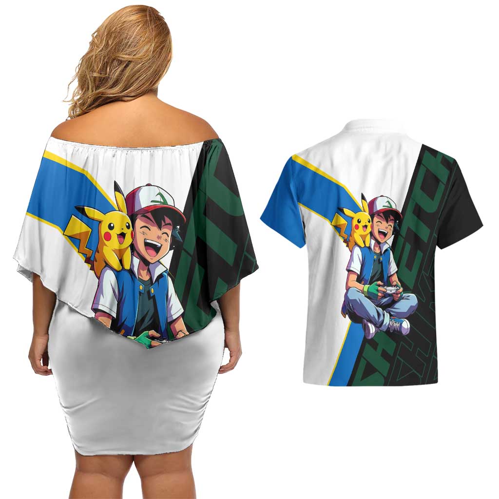 Ash & Pikachu Poké Couples Matching Off Shoulder Short Dress and Hawaiian Shirt Vibrant Anime Character Style